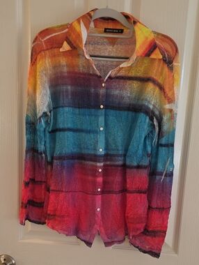 David Cline Multicolor Stripe Button-Up Shirt - Vibrant Rainbow S
